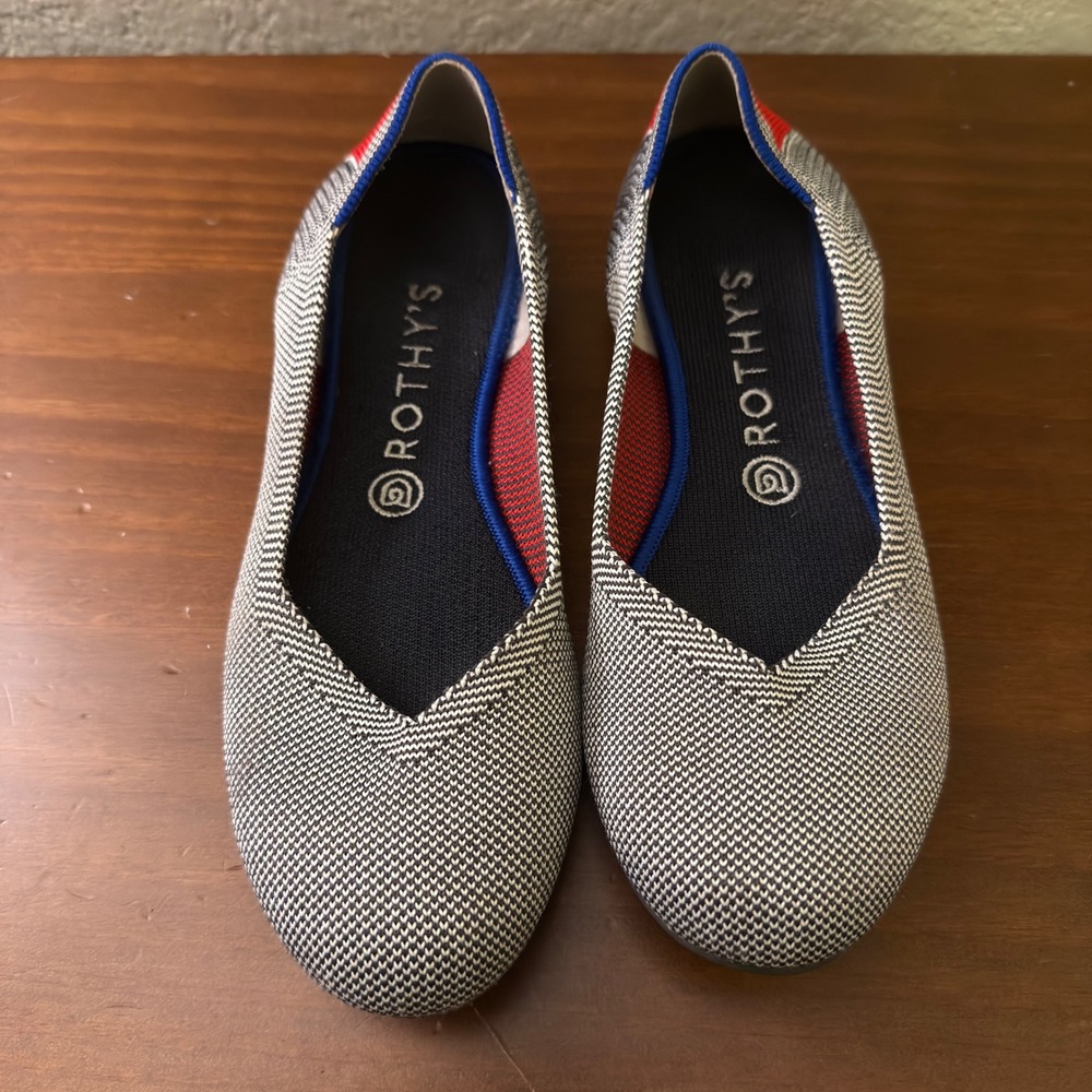 Rothy's The Flat Herringbone Cherry Stripe Shoes Size 8.5 Womens Knit‎ Recycled